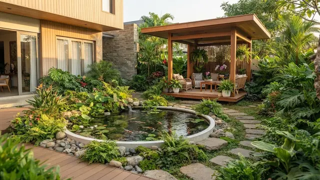 Desain Sudut Rumah yang Menggabungkan Kolam Ikan, Taman, dan Gazebo Kecil