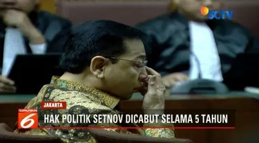 Mantan Ketua DPR RI Setya Novanto divonis hukuman 15 tahun penjara, dan denda 7,3 juta USD. Selain itu, hak politik Setnov juga dicabut selama 5 tahun.