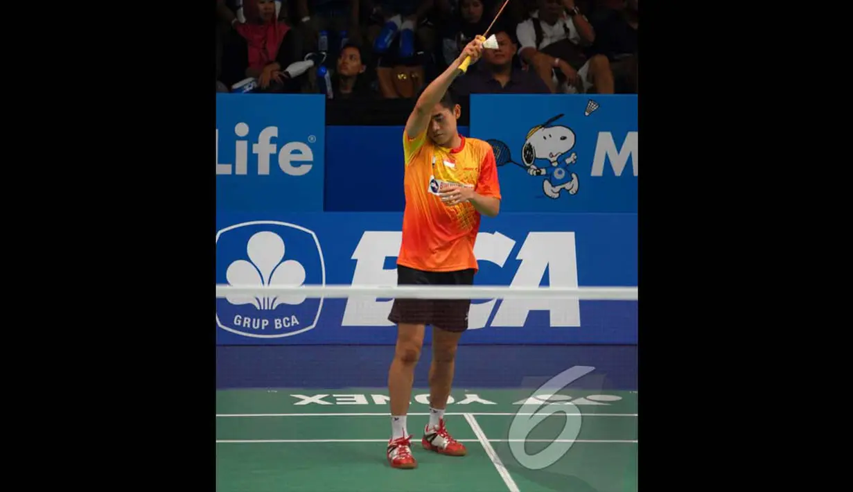 Simon mengaku kurang tenang dan ingin segera menyelesaikan pertandingan ketika memimpin poin 20-19, Jakarta, Kamis (19/6/2014) (Liputan6.com/Miftahul Hayat)