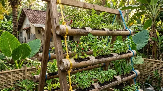 Kebun Vertikal dari Bambu Bekas dan Ikatan Rafia
