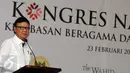 Mendagri Tjahjo Kumolo memberi kata sambutan saat menghadiri Kongres Nasional Kebebasan Beragama dan Berkeyakinan di Jakarta, Selasa (23/2). Acara tersebut digagas Komnas HAM, The Wahid Institute dan Kedubes Kanada untuk RI. (Liputan6.com/Helmi Afandi)
