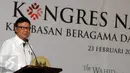 Mendagri Tjahjo Kumolo memberi kata sambutan saat menghadiri Kongres Nasional Kebebasan Beragama dan Berkeyakinan di Jakarta, Selasa (23/2). Acara tersebut digagas Komnas HAM, The Wahid Institute dan Kedubes Kanada untuk RI. (Liputan6.com/Helmi Afandi)