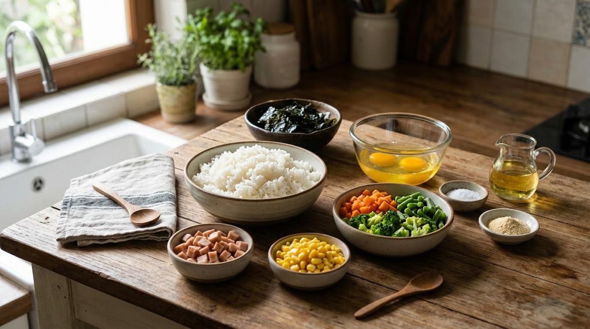 Bahan Telur Dadar Isi Nasi dan Rumput Laut