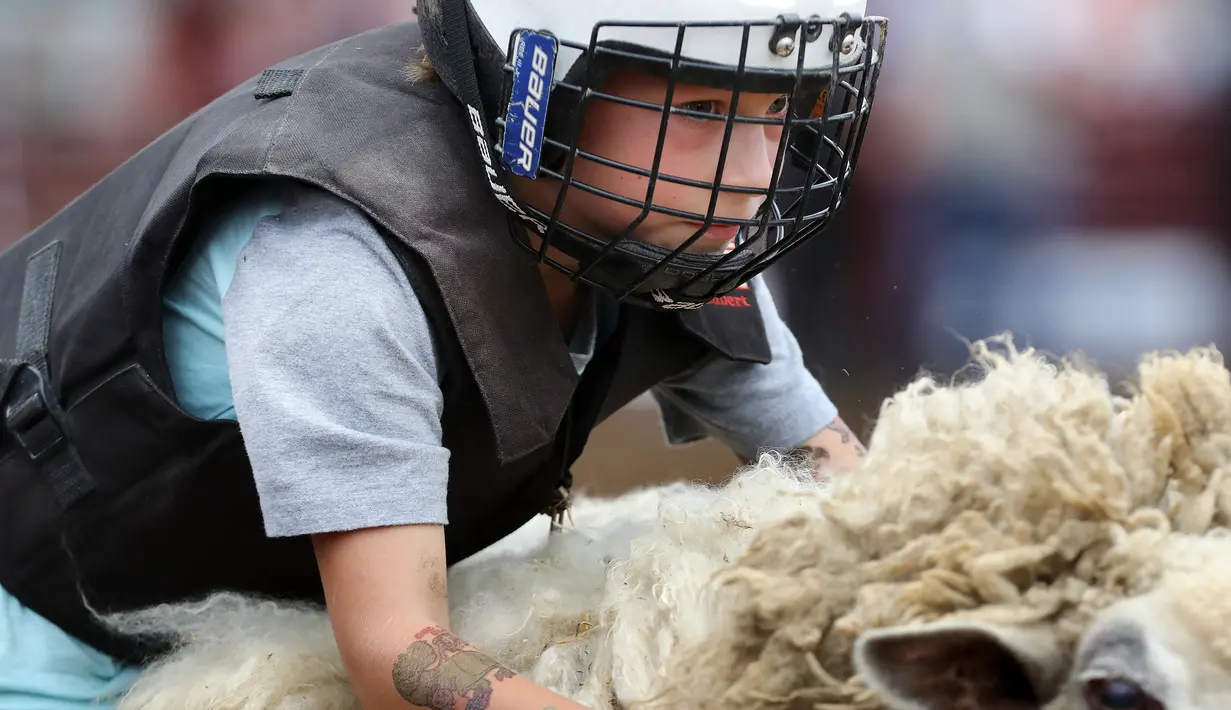 Seorang anak mengenakan helm dan rompi pelindung menungangi domba selama kompetisi Wool Riders Only Mutton Bustin 'di Iowa State Fair di Des Moines, Iowa, AS (12/9/2019). Lebih dari satu juta pengunjung mengunjungi Iowa State Fair per tahun. (Chip Somodevilla/Getty Images/AFP)