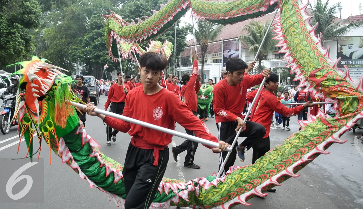Atraksi Barongsai saat Kirab Budaya Merah Putih di Bogor, Jawa Barat, Minggu (13/11). Acara ini bertujuan untuk memperkenalkan budaya bangsa kepada generasi muda sekaligus mempromosikan wisata Bogor. (Liputan6.com/Yoppy Renato)