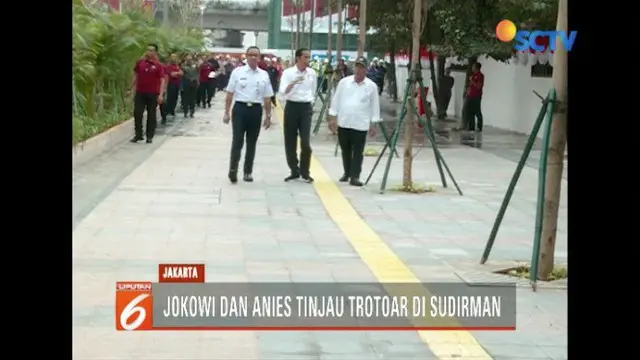 Presiden Joko Widodo, Gubernur DKI Jakarta Anies Baswedan, dan Menteri PUPR Basuki Hadimuljono jajal trotoar baru dan pelican crossing.