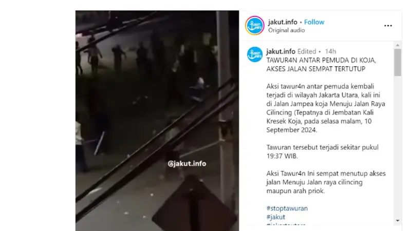 Tawuran antar remaja pecah terajdi di Jalan Jampea, Koja, Jakarta Utara (Jakut). Satu orang dilaporkan alami luka-luka. Peristiwa itu pun sempat viral di media sosial.