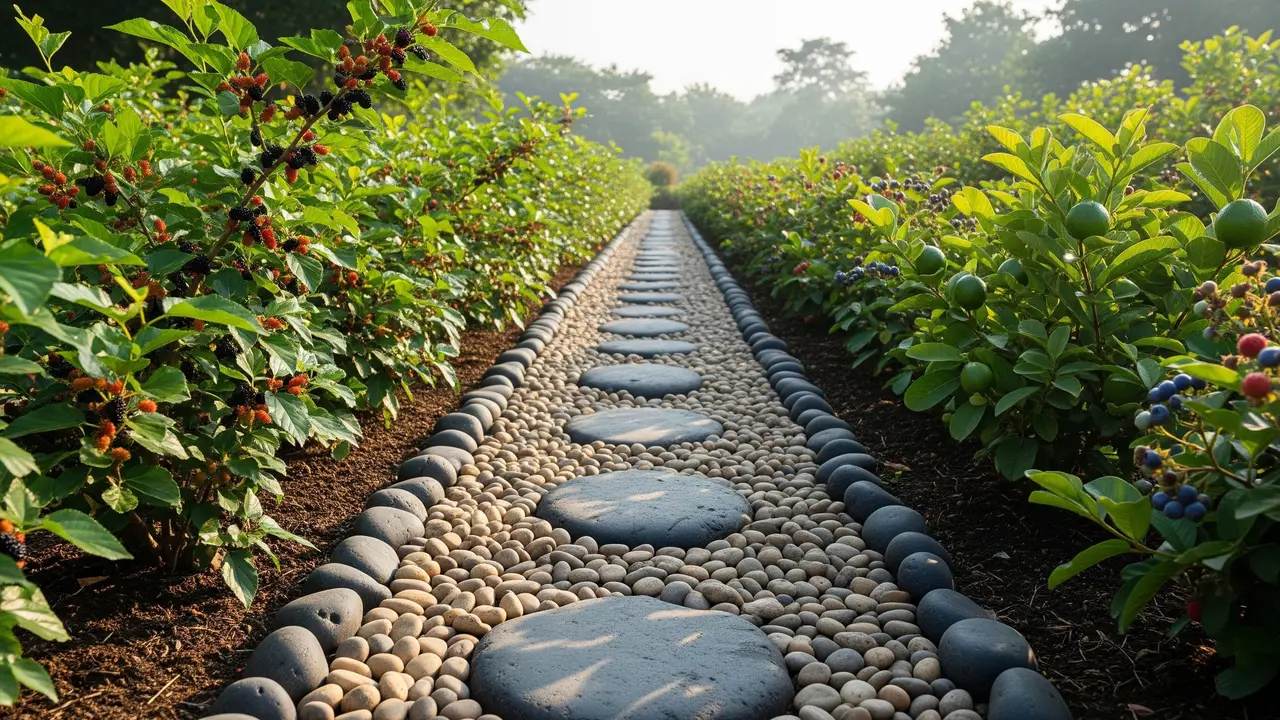 Desain Taman Buah Mini dengan Jalur Batu Alam yang Rapi (Image by Gemini AI)