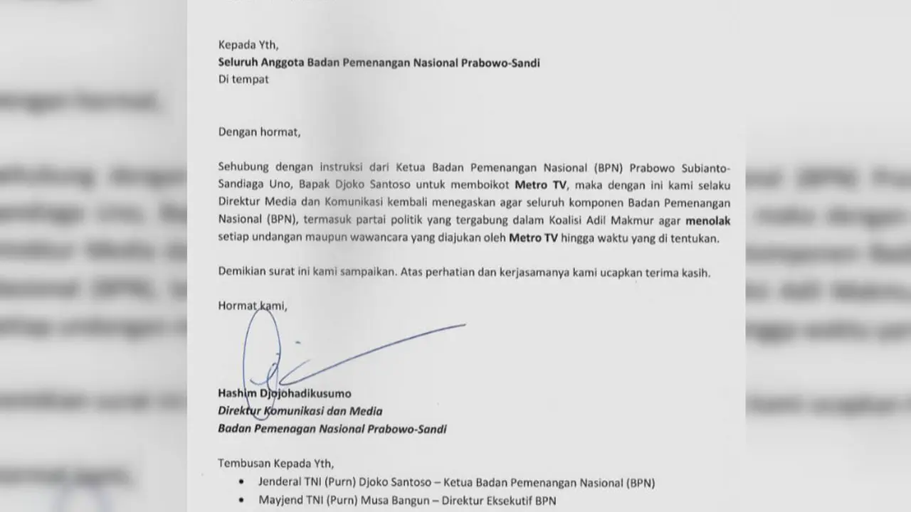 BPN Prabowo-Sandiaga boikot Metro TV (Istimewa)