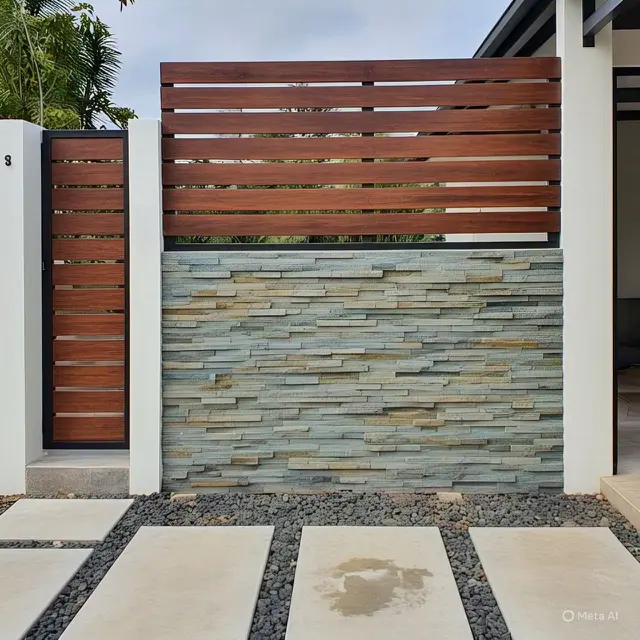 Desain Pagar Rumah Minimalis Modern, Perpaduan Tembok dan Batu Alam