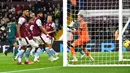 Penjaga gawang Aston Villa Robin Olsen (kanan) gagal menyelamatkan gawang dari pemain Liverpool Virgil van Dijk (kiri) pada pertandingan sepak bola Liga Inggris di Villa Park, Birmingham, Inggris, 26 Desember 2022. Liverpool mengalahkan Aston Villa dengan skor 3-1. (AP Photo/Rui Vieira)