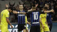 Gelandang Inter Milan Ivan Perisic merayakan golnya ke gawang Chievo pada pekan ke-36 Liga Italia di Giuseppe Meazza, Selasa (14/5/2019) dini hari WIB. Inter menang 2-0.(AP Photo/Luca Bruno)