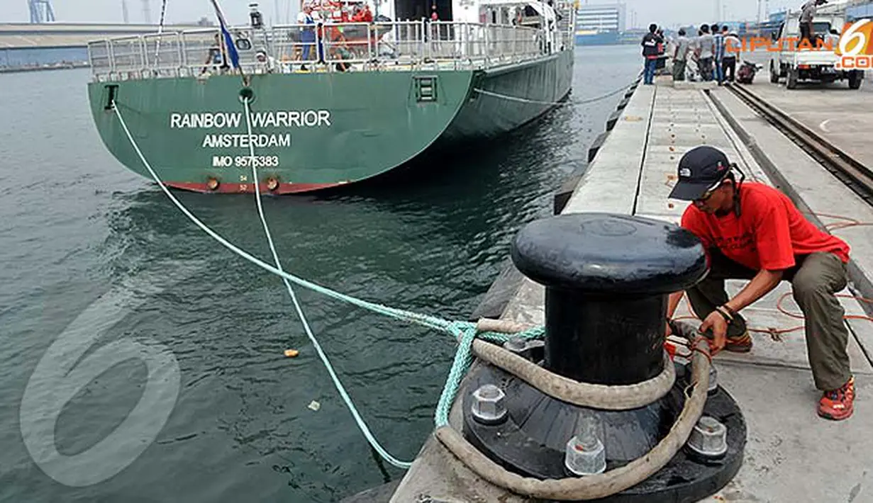 Awak kapal Greenpeace yang memasang tambang sandaran pelabuhan. (Liputan6.com/Abdul Aziz Prastowo)