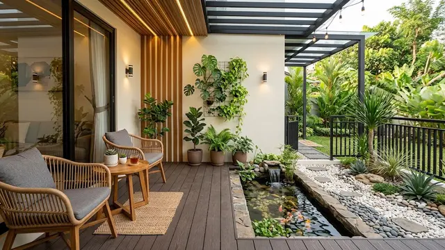 Desain Teras 2x3 Meter dengan Area Duduk dan Taman Kering/AI Generated