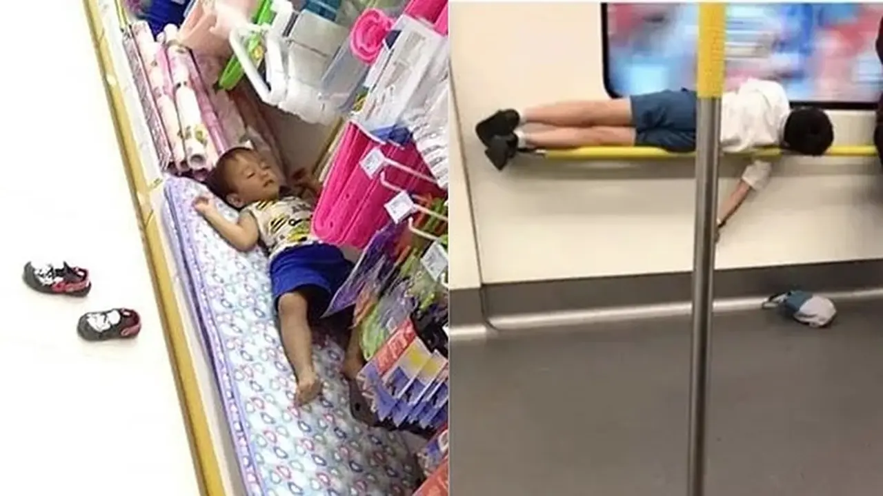 10 Potret Absurd Bocah Tidur di Sembarang Tempat, Ada yang Di Rak Supermarket