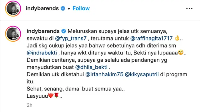 Unggahan Indy Barends. (Foto: Dok. Instagram @indybarends)