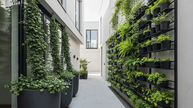 Desain Teras Rumah Sederhana dengan Tanaman Pot Besar (AI)