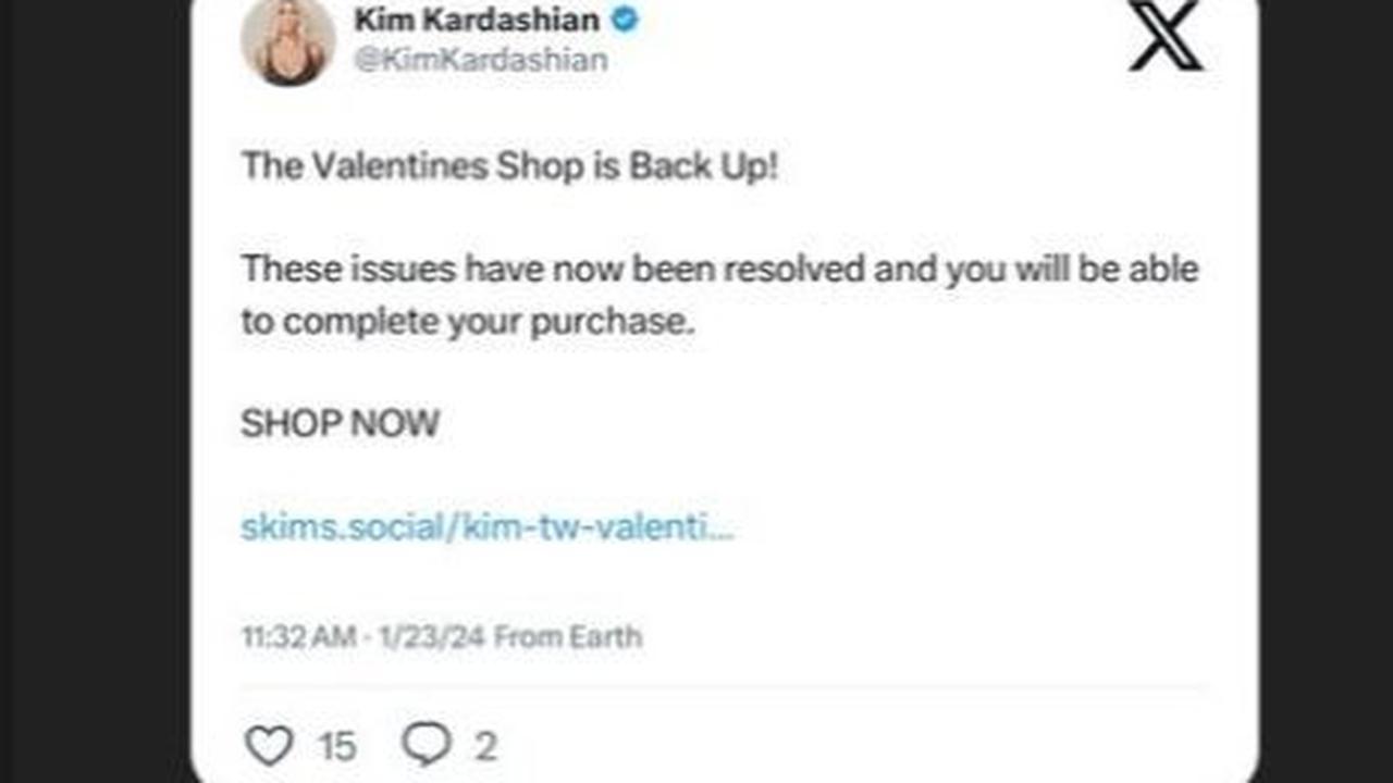 Kardashian dan tim SKIMS cepat merilis pernyataan, "Karena lonjakan pengunjung yang luar biasa dan permintaan tak terduga untuk peluncuran Valentine's Day kami, situs Skims kami mengalami gangguan. Shopify sedang berusaha menyelesaikan masalah ini secepat