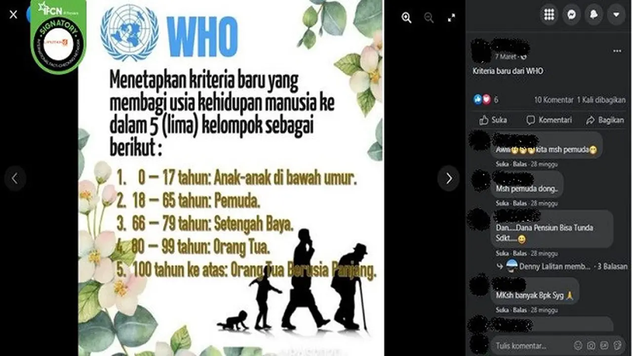 Gambar Tangkapan Layar Kabar WHO Mengeluarkan Kriteria Baru Kelompok Usia (sumber: Facebook).