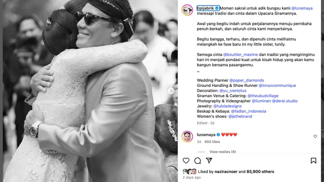 Unggahan Tipi Jabrik kakak Luna Maya. (Foto: Dok. Instagram @tipijabrik)