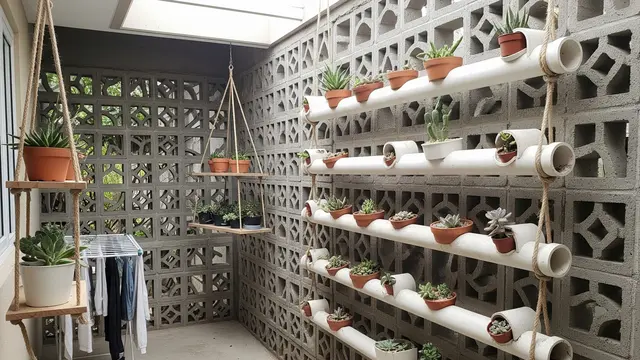 Inspirasi Area Jemuran Belakang Dapur dengan Roster Beton dan Tanaman Vertikal Pipa (Image by Gemini AI)