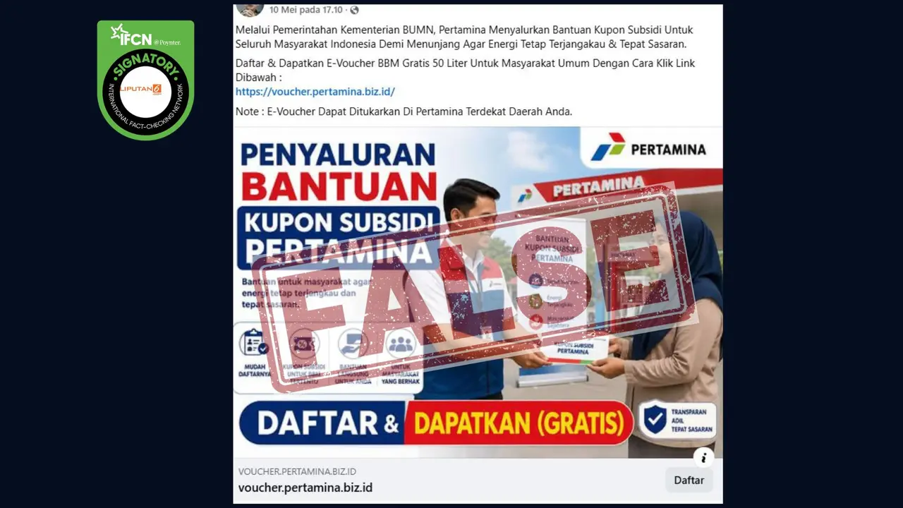 Cek Fakta Liputan6.com menangkap layar klaim link bantuan Pertamina kupon subsidi e-voucher BBM gratis 50 liter,