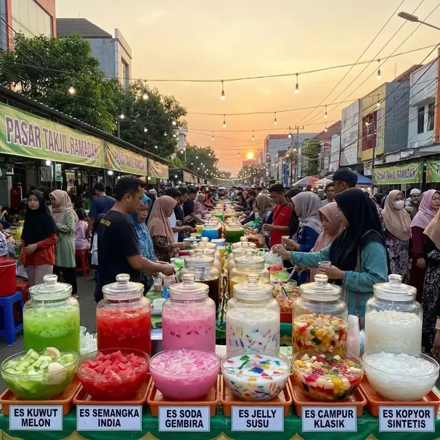 Jualan takjil ramadan berupa es dari sirup (Gemini AI)