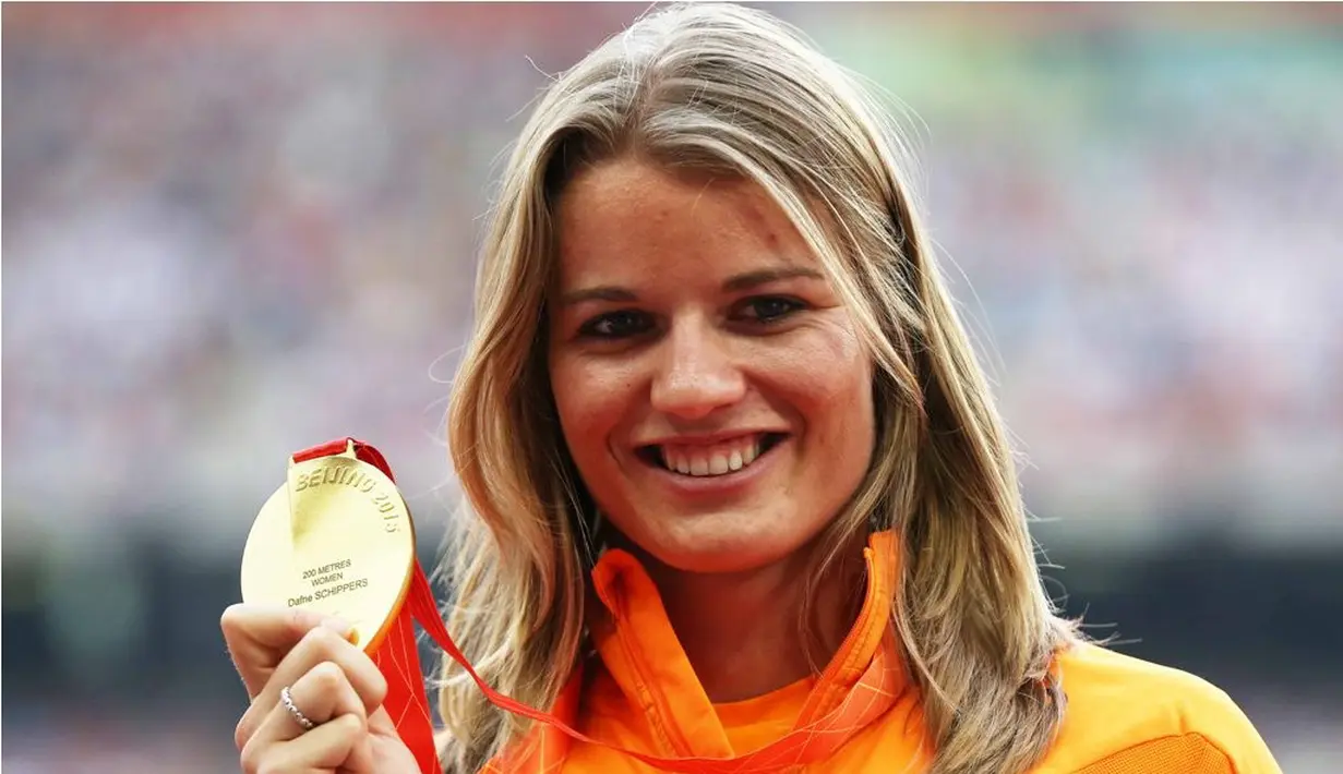 Dafne Schippers meraih medali emas lari 200m putri Kejuaraan Dunia Atletik 2015 di Beijing, China. (EPA/How Hwee Young)
