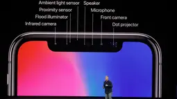 Phil Schiller perkenalkan fasilitas terbaru pada iPhone X saat peluncuran di Steve Jobs Theatre, California, Selasa (12/9). Berbagai fasilitas canggih terbaru disajikan pada layar depan iPhone X. (AP Photo/Marcio Jose Sanchez)