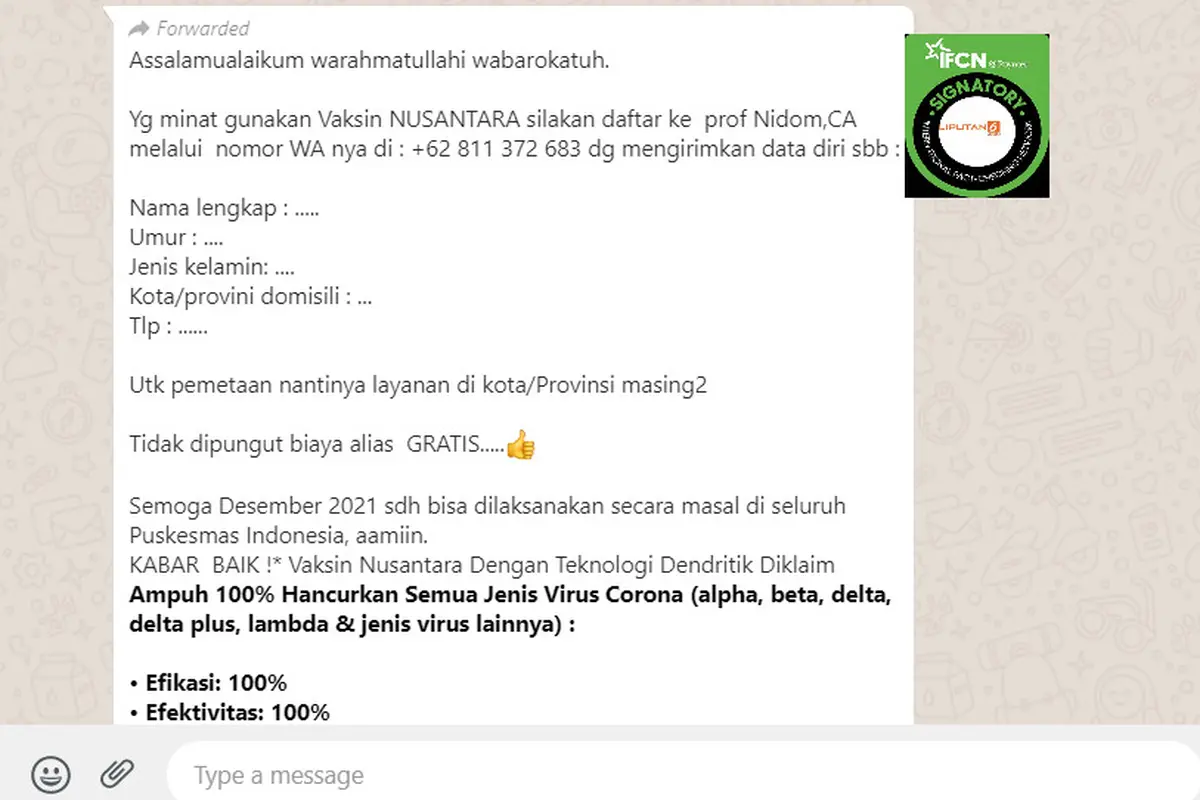 Cek Fakta Liputan6.com menemukan informasi terkait pendaftaran penerima vaksin Nusantara