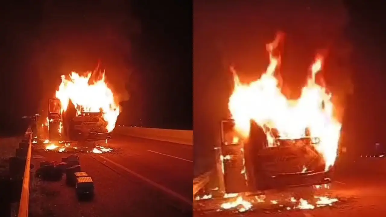 Detik-Detik Bus Antarprovinsi Terbakar di Tol Trans Sumatera Lampung, Penumpang Selamat
