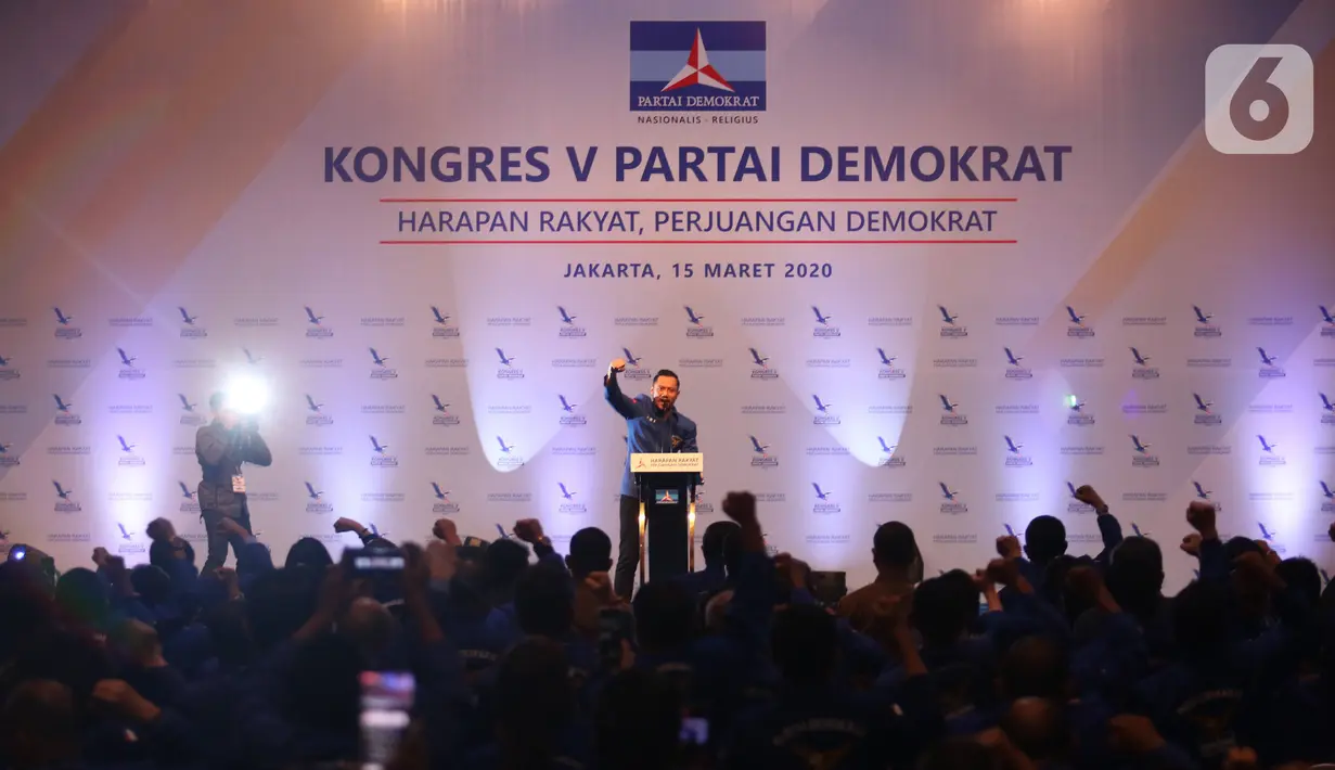 Ketum Partai Demokrat  Agus Harimurti Yudhoyono memberikan pidato usai terpilih secara aklamasi, Jakarta, Minggu (15/3/2020). Keputusan diambil setelah sidang paripurna melakukan verifikasi dan menyatakan AHY memenuhi persyaratan jadi ketum di Kongres V Partai Demokrat. (Liputan6.com/Angga Yuniar)