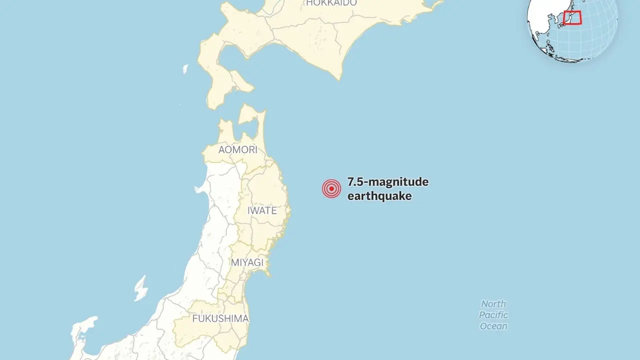 Peta yang menunjukkan lokasi gempa bumi berkekuatan magnitudo 7,7 di lepas pantai Jepang. (Dok. AP/News)