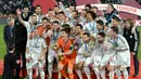Gelar keempat adalah trofi Piala Dunia FIFA Antar-Klub. Real Madrid menang 2-0 atas San Lorenzo dalam laga final yang digelar di Marrakesh Stadium, Maroko, 20 Desember 2014. (AFP/Fadel Senna)