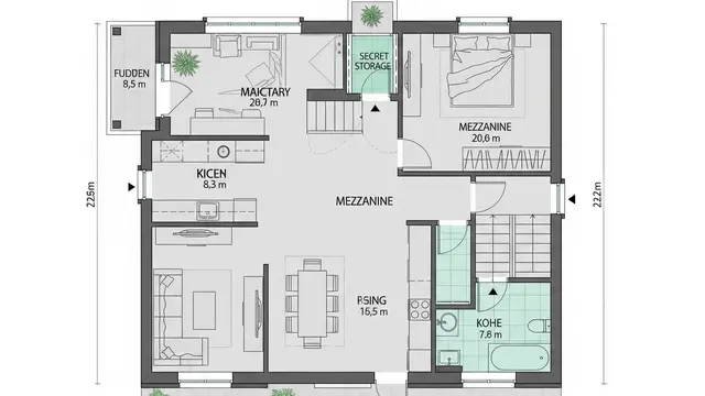 Denah Rumah 7x10 dengan Mezzanine dan Gudang Rahasia (Image by Gemini AI)