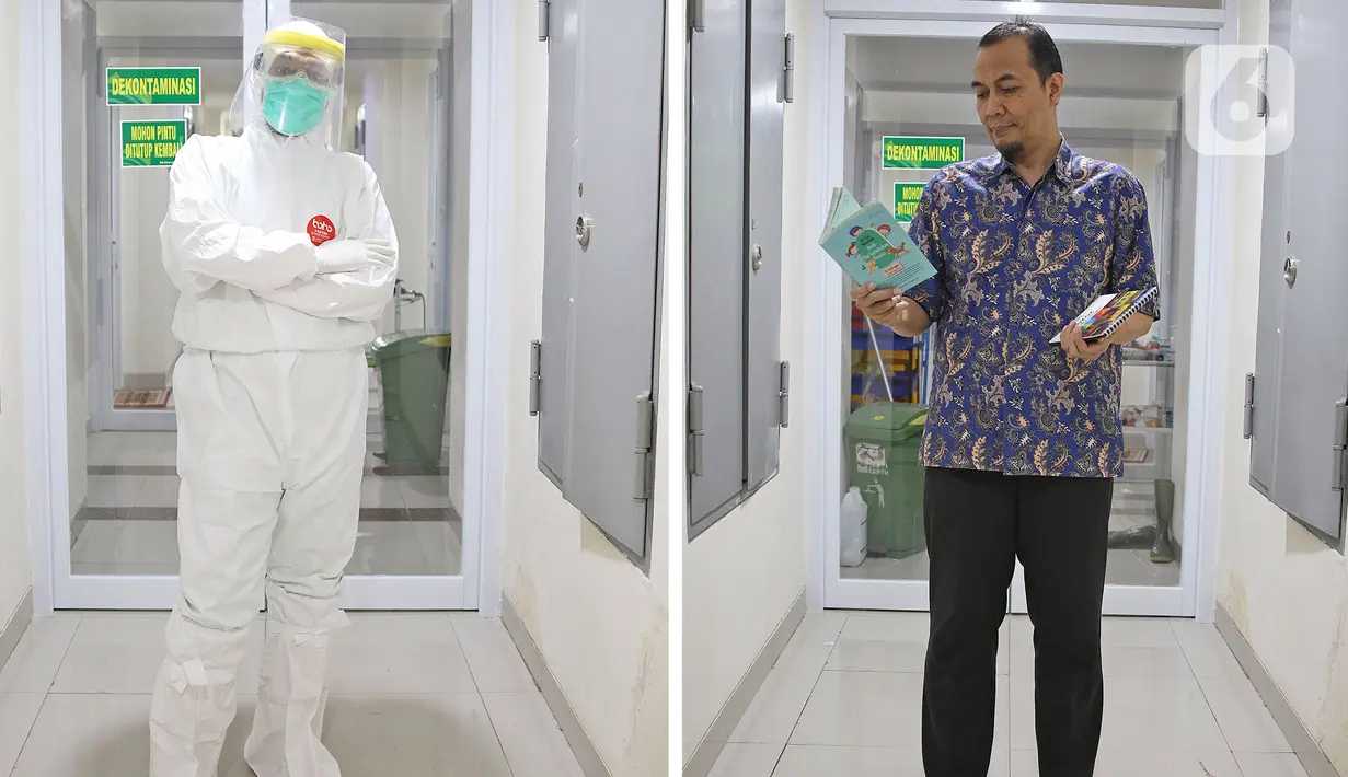 Dr  Rahmadi Iwan Guntoro, Sp.P (52) berpose dengan Alat Perlindung Diri (APD) dan dengan buku saat di jumpai di Rumah Sakit Haji, Jakarta. dr  Rahmadi Iwan Guntoro, Sp.P selain menangani pasien Covid-19 ia mempunyai hobi membaca buku. (Liputan6.com/Herman Zakharia)