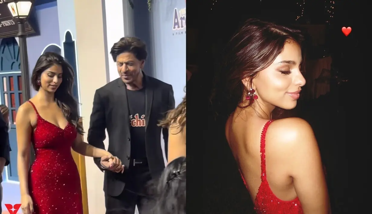 Gaun menyentuh lantai berwarna merah berkilauan ini dipadukan dengan aksesori minimalis, seperti anting dan cincin dari Goenka India. Warna merah, khususnya dalam tema "Tomato Girl Fall," mendominasi karpet merah dan tren fesyen. Suhana Khan tampil menawan bersanding dengan sang ayah. (Liputan6.com/IG/@varinderchhawla dan @suhanakhaan)
