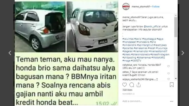 Berbagai hal bisa dijadikan meme menarik, tidak terkecuali yang berkaitan dengan otomotif. (ist)