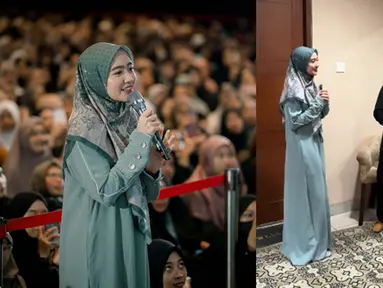 Dikenal sebagai pendakwah yang sangat dekat dengan anak muda, membuat Febby Rastanty begitu semangat mengikuti kajian dari ustaz Hanan Attaki. Bahkan sebelum acara dimulai, bintang sinetron 'Diam-Diam Suka' itu berkesempatan menemui sang ustaz dan bertanya seputar salat. (Liputan6.com/IG/@ayah_amanah)