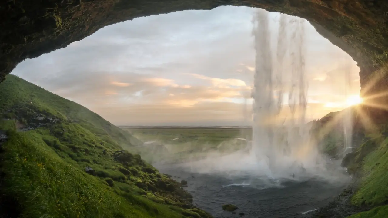 Ilustrasi keindahan alam, air terjun, Islandia