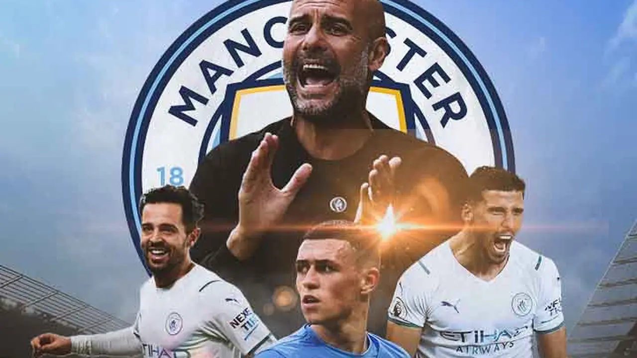 Manchester City - Pep Guardiola dikelilingi Phil Foden, Bernado Silva, Ruben Dias