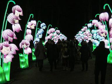 Pengunjung berjalan melewati salah satu set lentera tematik yang dipamerkan dalam festival The Great Lanterns of China di Pakruojis Manor, Lithuania, Rabu (25/12/2019). Festival ini berlangsung hingga 6 Januari 2019. (Petras MALUKAS/AFP)