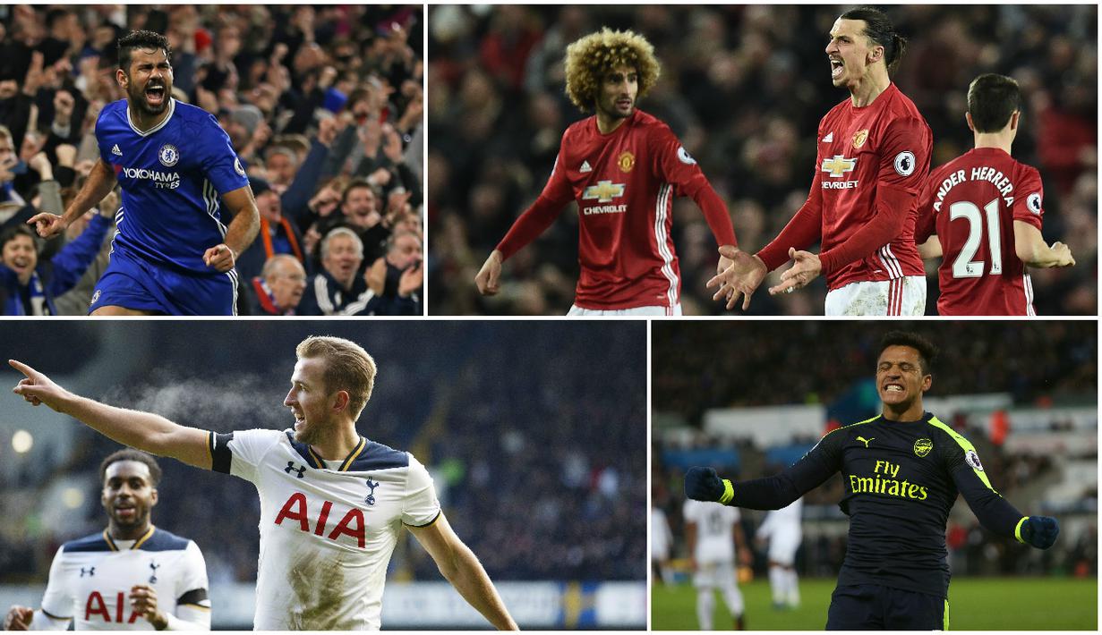 Top skorer Liga Inggris 2016-2017 hingga pekan ke-21 dipimpin oleh tiga pemain yakni, Diego Costa, Zlatan Ibrahimovic dan Alexis Sanchez. (AFP-EPA)