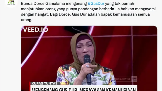 Dorce Gamalama mengenang Gus Dur. (Foto: Dok. Twitter @GUSDURians)