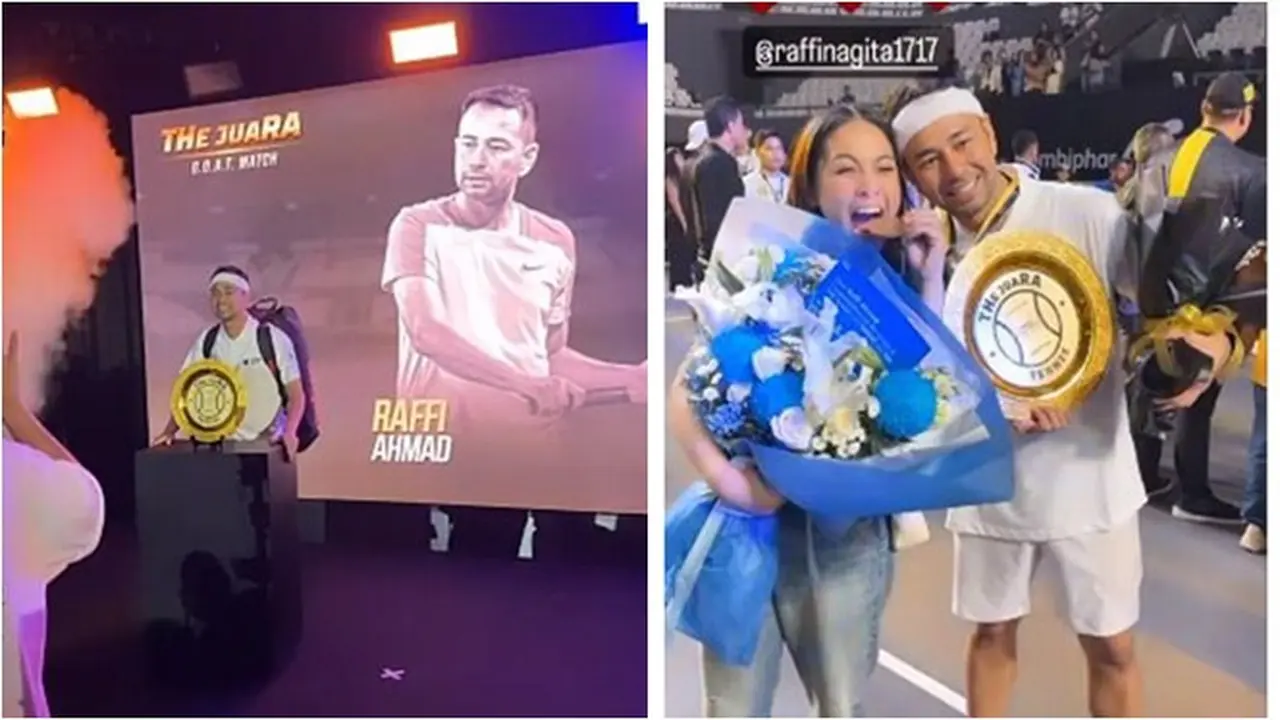 7 Potret Raffi Ahmad Raih Juara Usai Lawan Taufik Hidayat di Pertandingan Tennis, Bangga