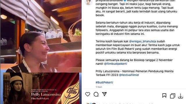 Prilly Latuconsina Nangis Masuk Nominasi Pemeran Pendukung Wanita Terbaik FFI 2023, Jadi Kado Terindah di Ulang Tahunnya. (ist)