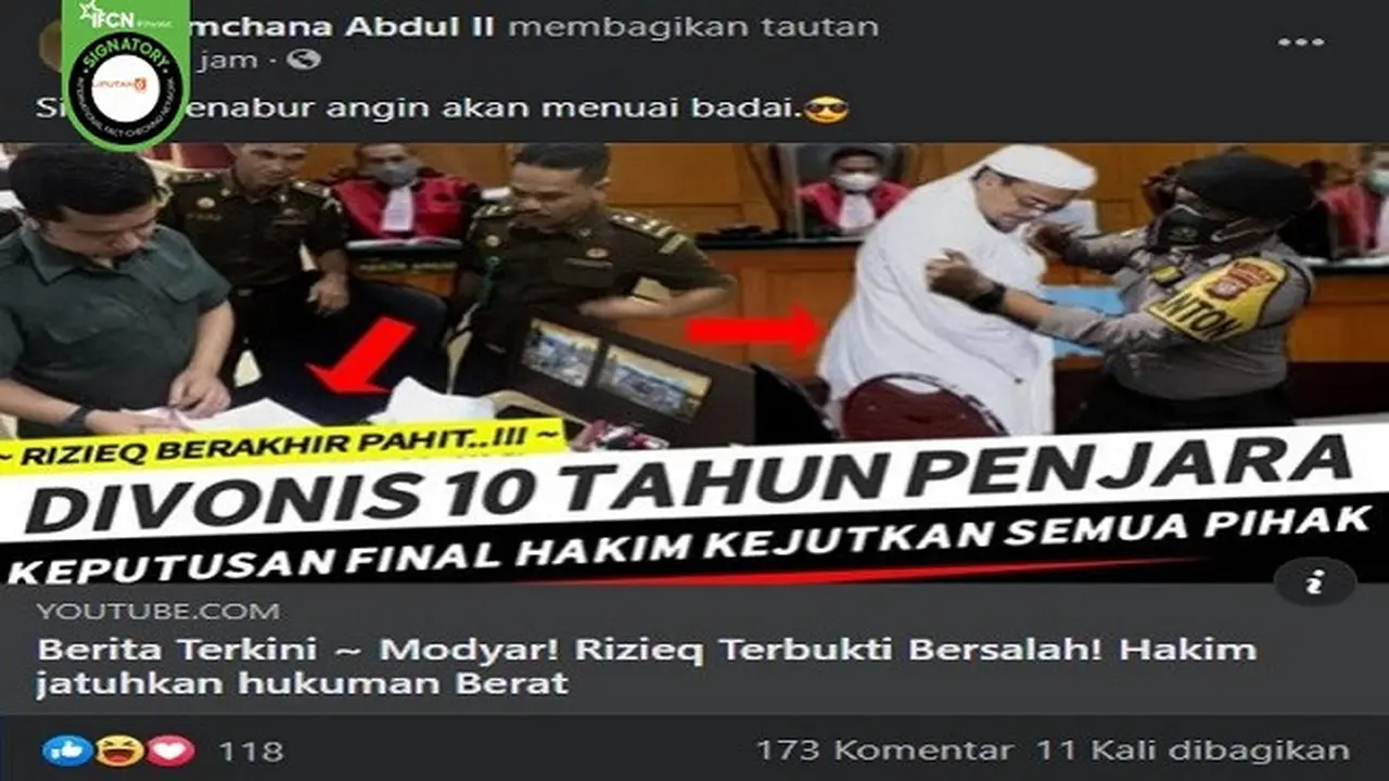 Gambar Tangkapan Layar Kabar Rizieq Shihab Divonis 10 Tahun Penjara pada 23 April 2021 (sumber: Facebook)