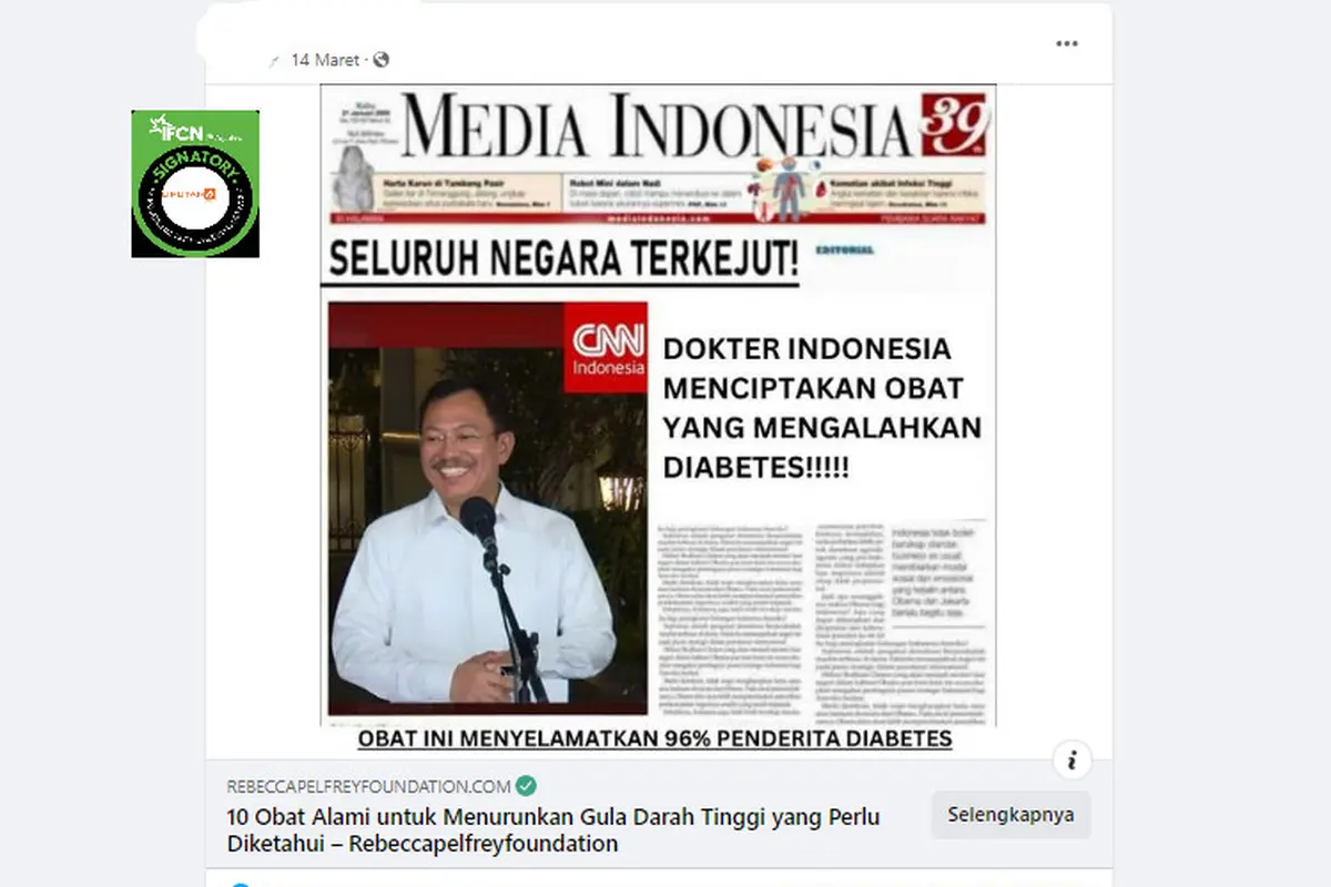 Tangkapan layar klaim headline pemberitaan koran dokter Indonesia ciptakan obat diabetes