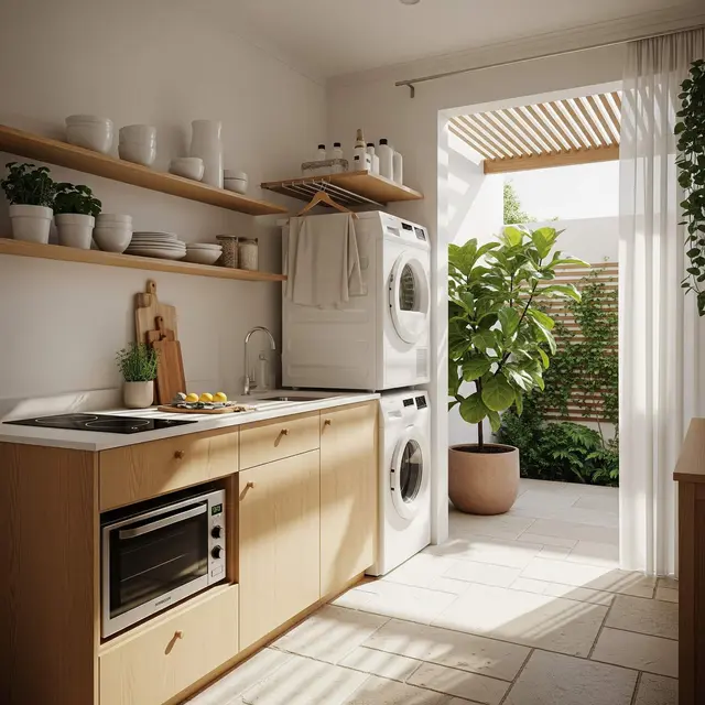 Desain Dapur Kecil dan Area Laundry dalam Satu Ruang