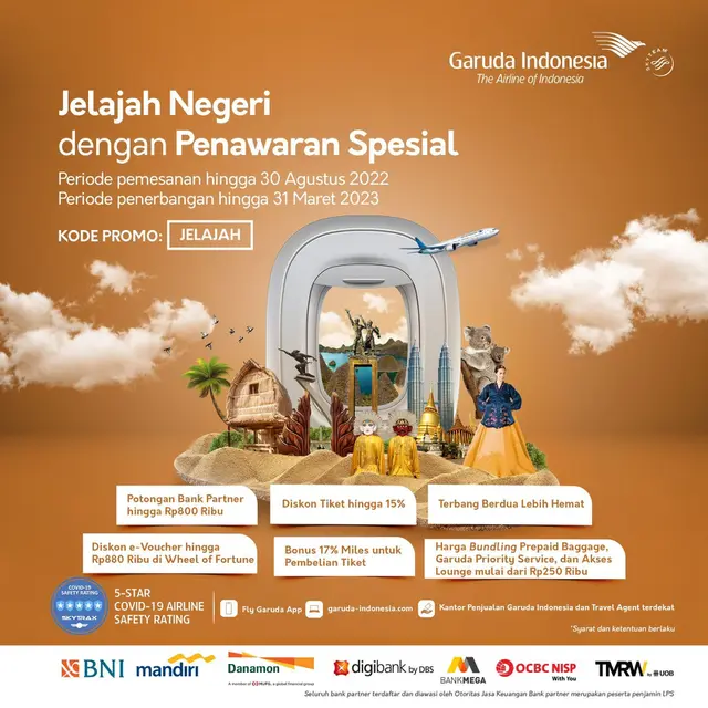 Lewat Program Jelajah Negeri, Garuda Indonesia menawarkan potongan harga khusus hingga 15 persen yang disertai dengan berbagai penawaran cash back dan benefit lainnya. (Dok Garuda Indonesia)